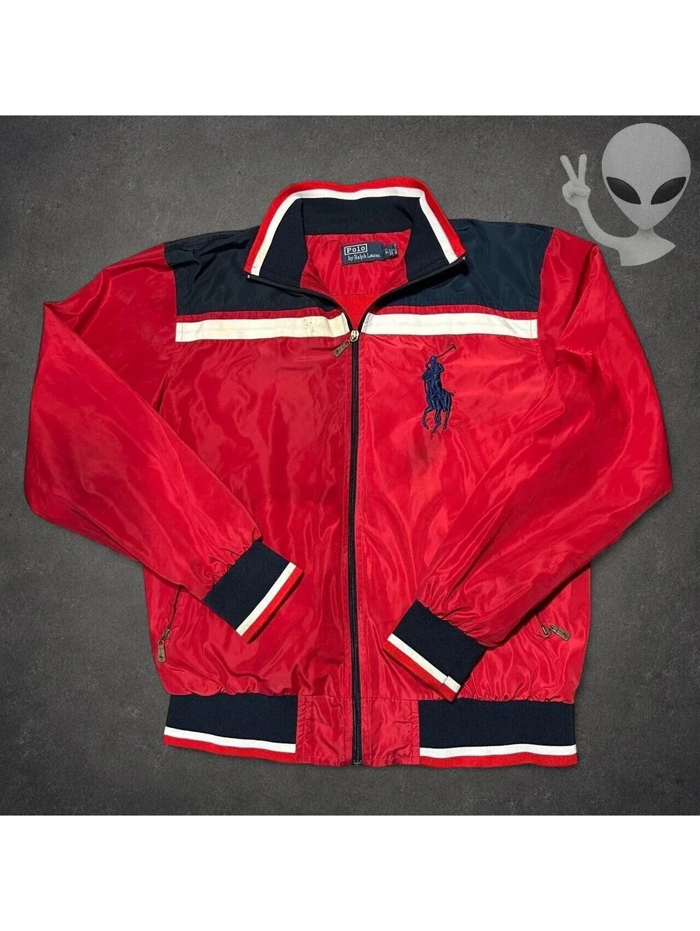 Polo Ralph Lauren Big Pony Full Zip Windbreaker Jacket Mens US XL Red Navy